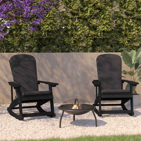 FLASH FURNITURE Black Adirondack Rockers - Gray Cushions, 2PK 2-JJ-C14705-CSNGY-BK-GG